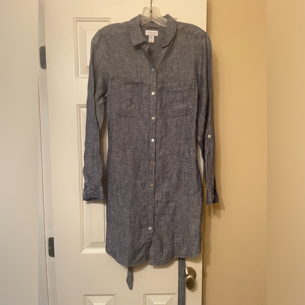 Kenar Blue 100% Linen Dress , Shirt Dress , Blue Size 6 neck to bottom of dress